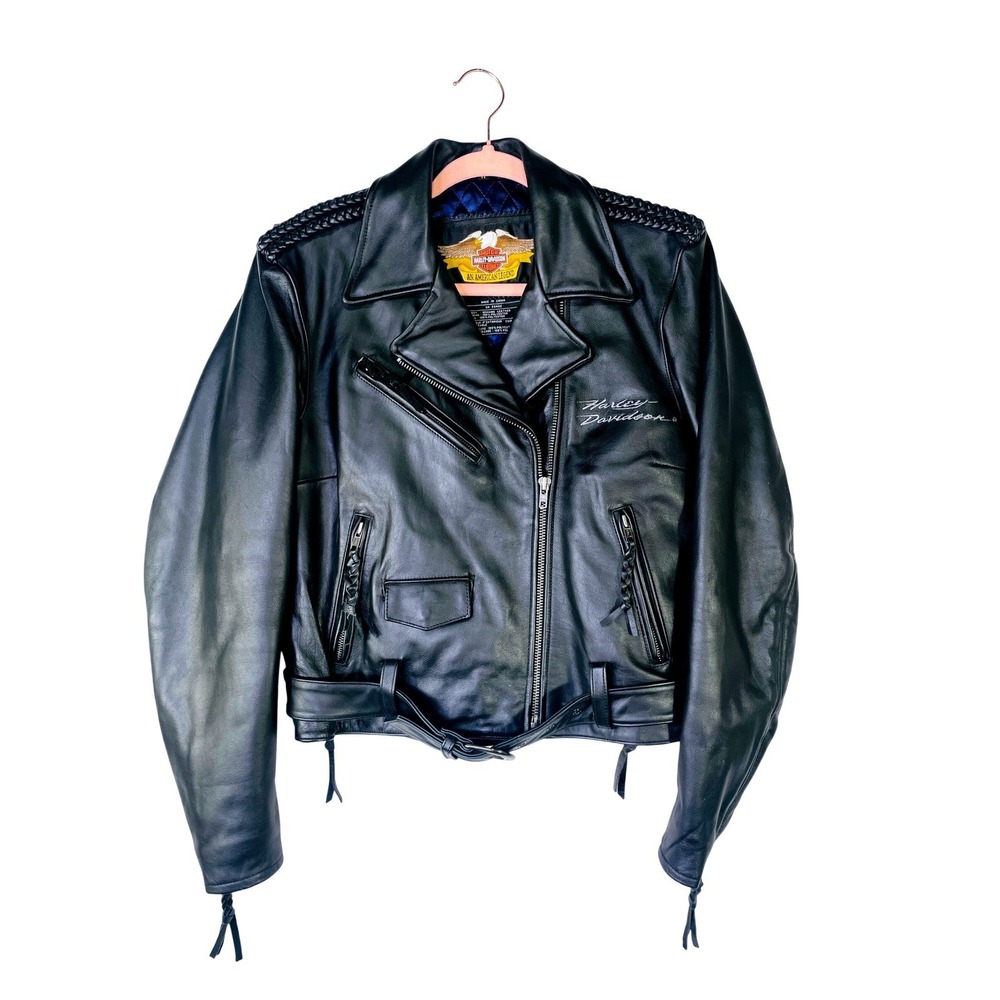 Harley-Davidson Leather Biker Jacket Black Braided Shoulder Belted Womens Medium